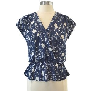 SIENNA SKY Floral Blue and White V-Neck Peplum Blouse Size S